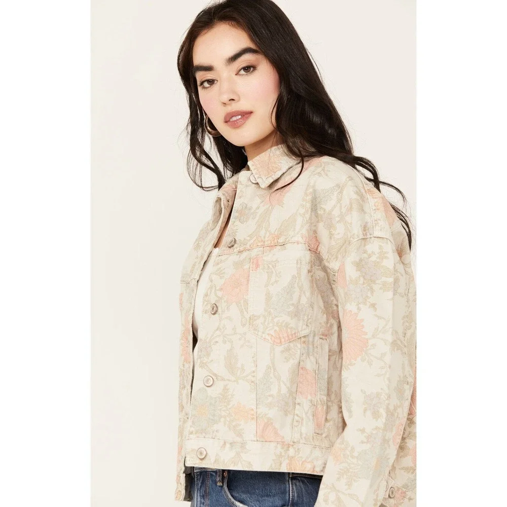 Free People Floral Printed Denim Jacket Sz S Small Distressed Jean NEW NWT